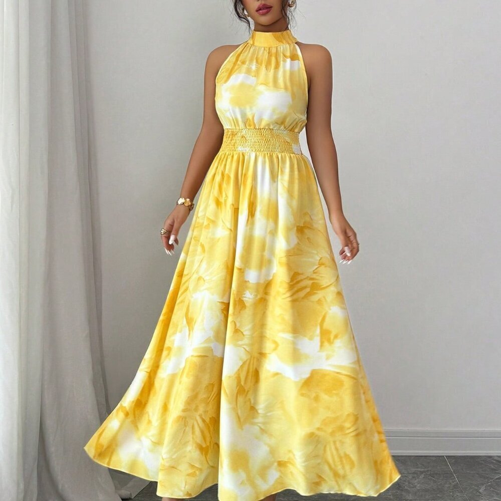 Yellow Boho Women's Sleeveless Tie-Dye Print Halter Tie-Waist A-Line Dress